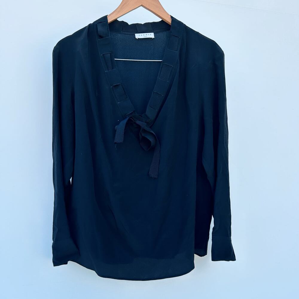 Sandro Paris Silk Blouse Bow Work Top Shirt Long Sleeve Black Dressy Medium